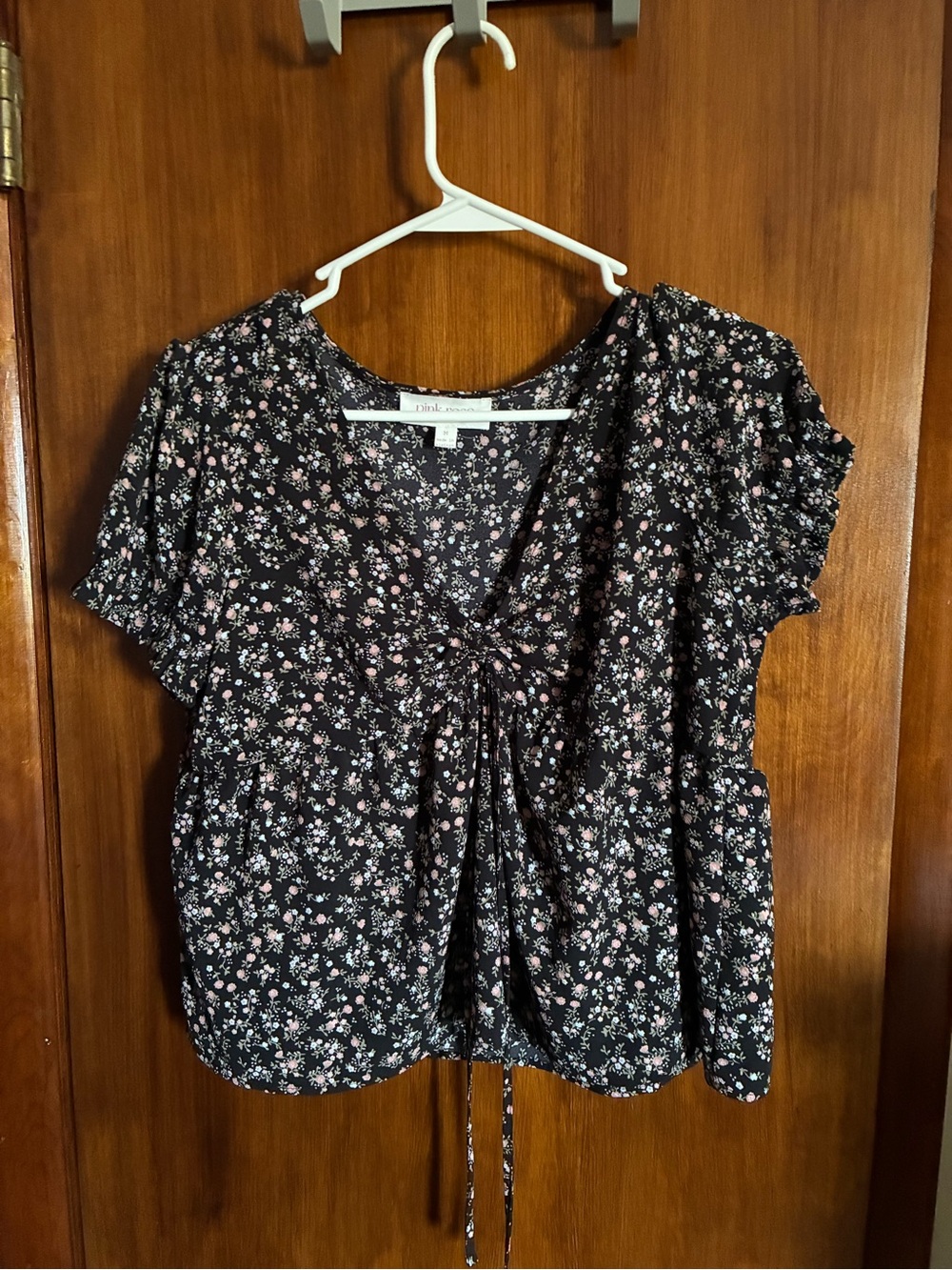 Black Floral Tie-Front Women's Top